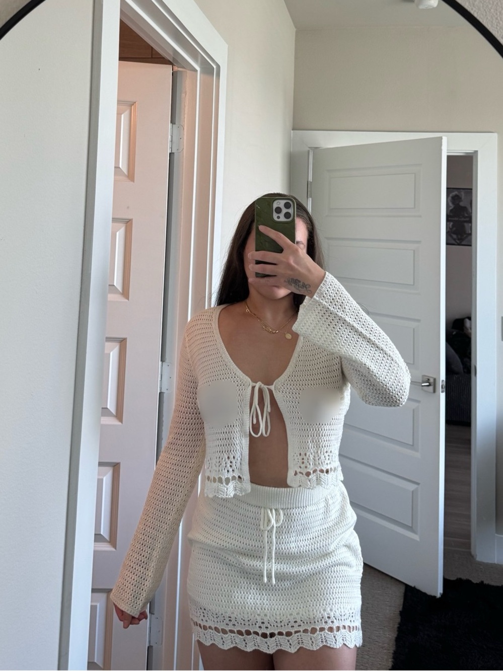 Cream Crochet Two-Piece Set - Tie Front Crop Top & Mini Skirt